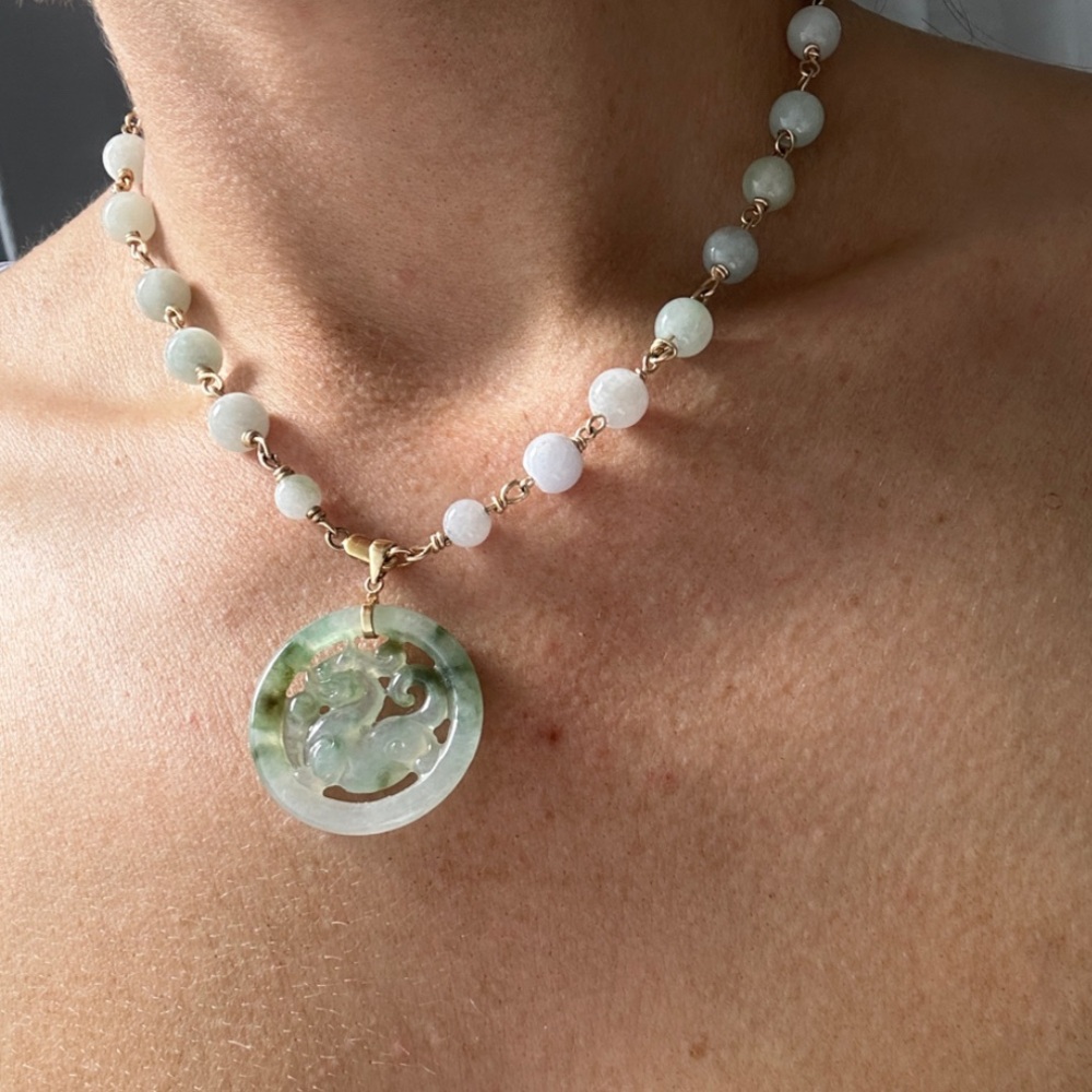 14k Gold Imperial Jade Dragon Carved Artisan Made Necklace